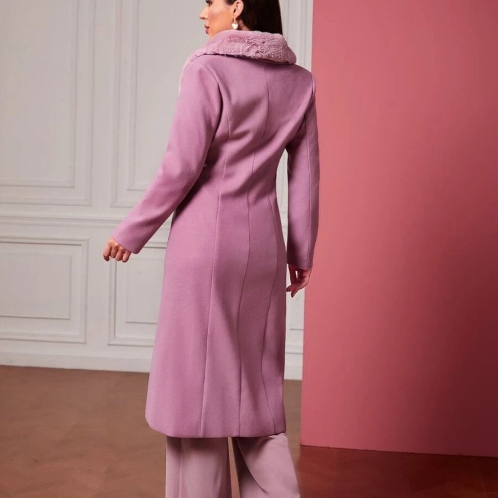 Faux fur trimmed Collar Single Button Overcoat Jacket Purple - Picture 3 of 8
